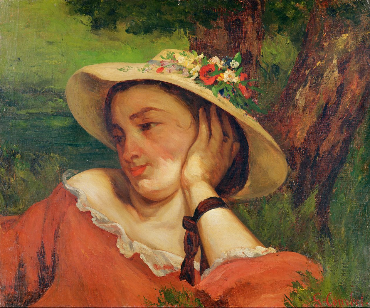 Frau mit Strohhut und Blumen, ca. 1857 von Gustave Courbet