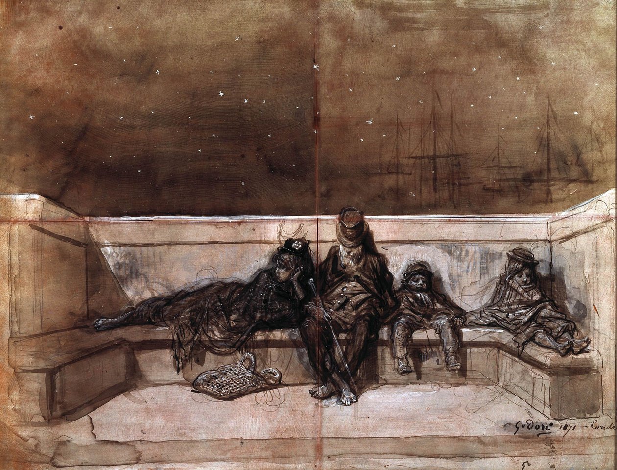 Ein Paar und zwei Kinder schlafen auf einer Londoner Brücke von Gustave Dore