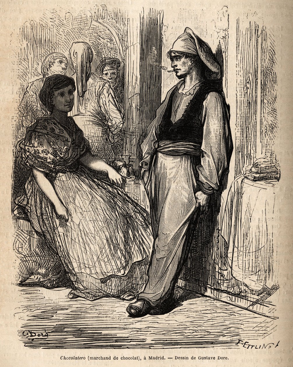 Ein Schokoladenhändler im Freien, Skizze lebhaft aufgenommen in Madrid. Gravur von Gustave Dore (1832-1883) zur Illustration seiner Reise nach Spanien, mit Ch. Davillier (Herausgeber), 1862, veröffentlicht in „Le tour du monde“ 1869, herausgegeben von Edou von Gustave Dore