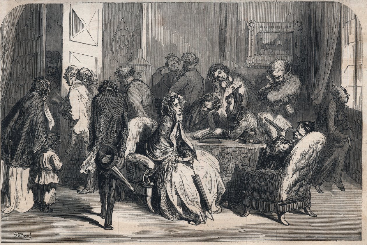 Das Wartezimmer eines Zahnarztes. Zeichnung von Gustave Doré (1832-1883). Gravur in „Le Monde illustre“ von 1862. Private Sammlung von Gustave Dore