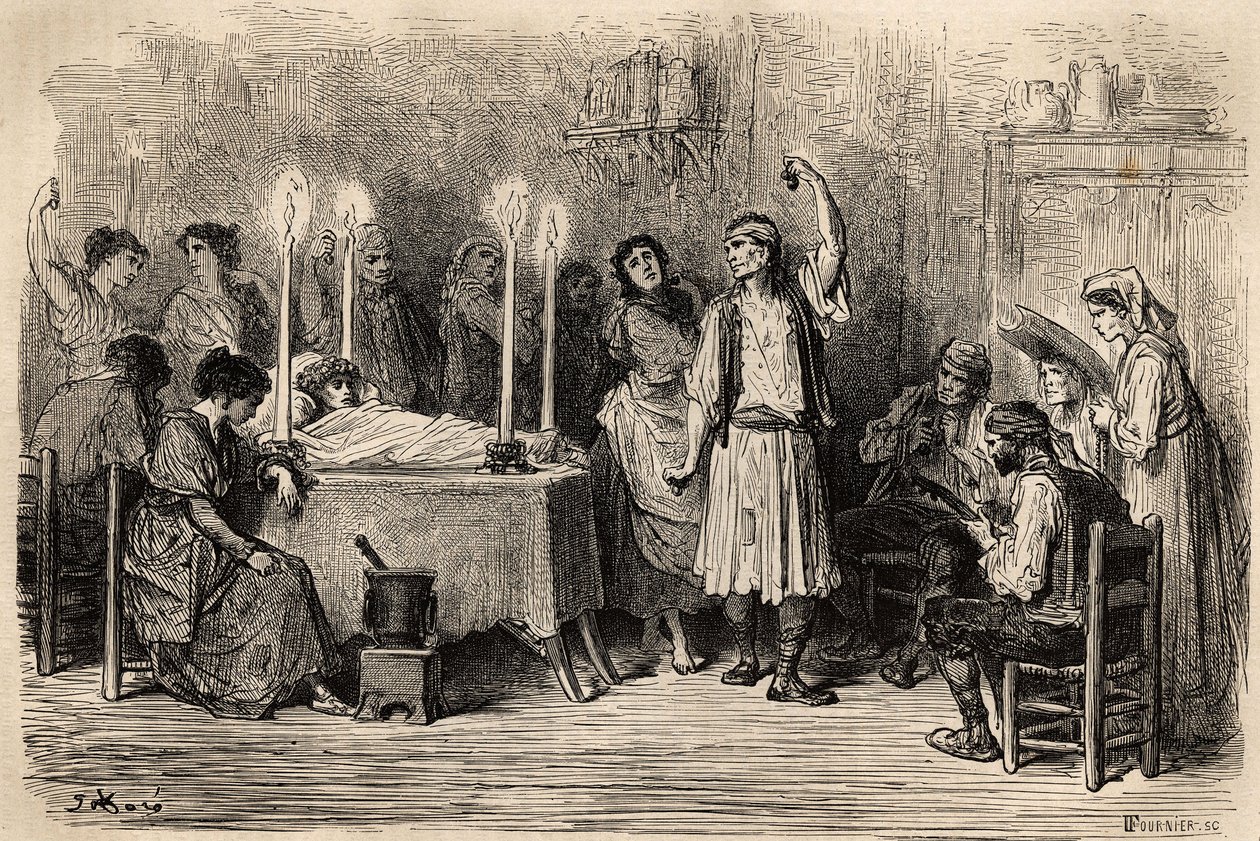 Ein Trauertanz während des Totentages in Jijonas (Provinz Alicante). Skizze von Gustave Doré (1832-1883). Gravur zur Illustration der Reise in Spanien, 1862 von Charles Davillier und Gustave Doré, in „Le tour du monde, nouveau journal des voyages“ von Gustave Dore