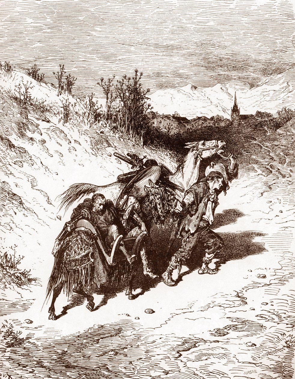 Ein Pflüger aus seinem eigenen Dorf bringt Quijote nach Hause (Gravur von Gustave Doré für „Der sinnreiche Junker Don Quijote von der Mancha“ von Miguel de Cervantes 1863) von Gustave Dore