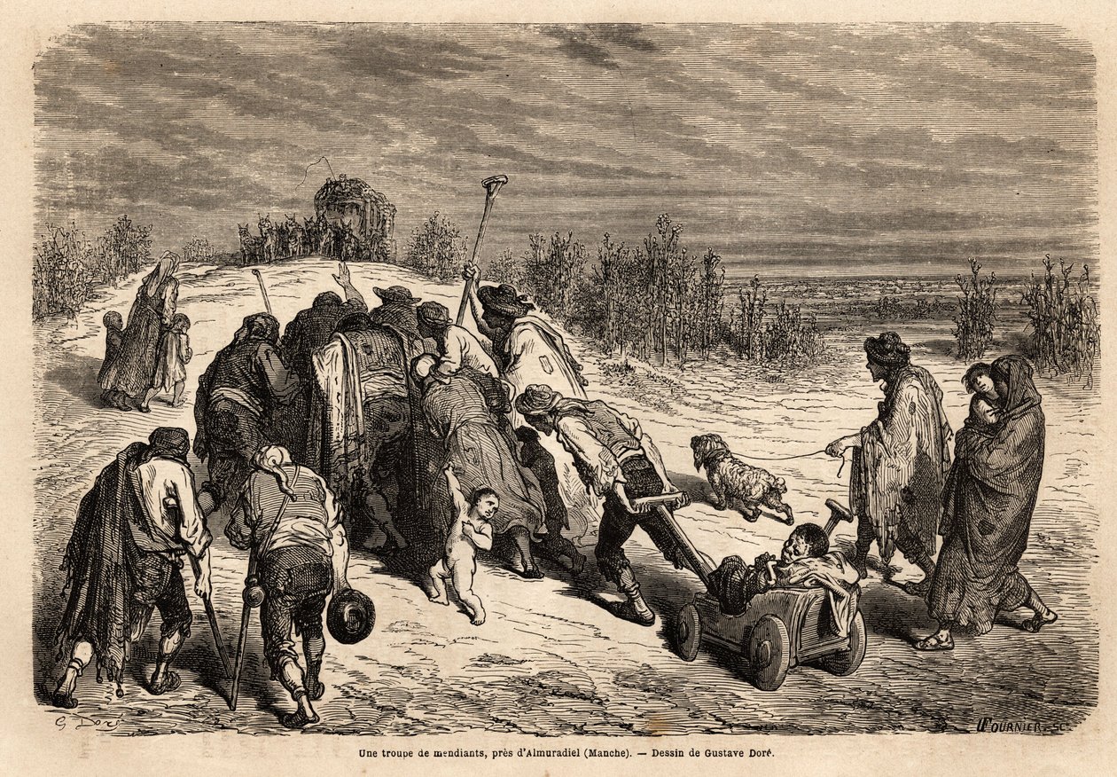 Eine Truppe von Bettlern und Kranken, ein wahres Wundergericht, ist auf dem Weg zu einer Diligence, um in der Nähe von Almuradiel (Provinz Mancha) um Almosen zu bitten. Zeichnung von Gustave Dore (1832-1883). Gravur zur Illustration der Reise nach Spanien, von Gustave Dore