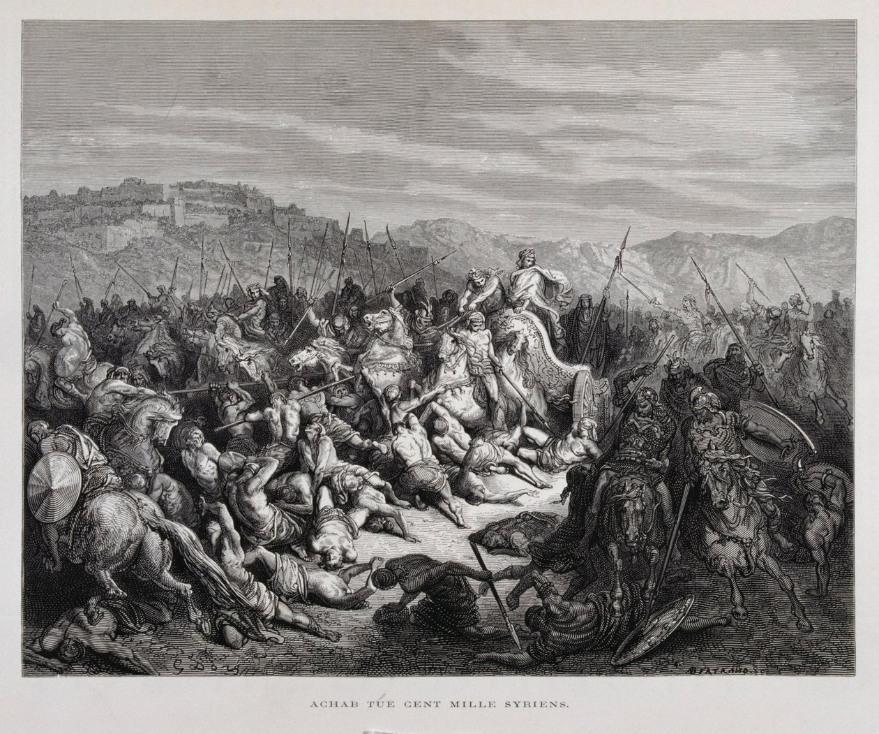 Ahab kämpft gegen die Assyrer in der Schlacht von Qarqar, Illustration aus der Dore-Bibel von Gustave Dore