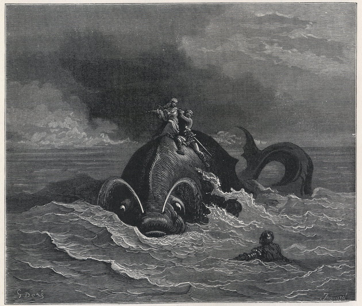 Alcina und Renaud tragen Astolfo auf dem Rücken eines Wals (Orlando furioso) von Ludovico Ariosto (1474-1533) 19. Jahrhundert (Gravur) von Gustave Dore