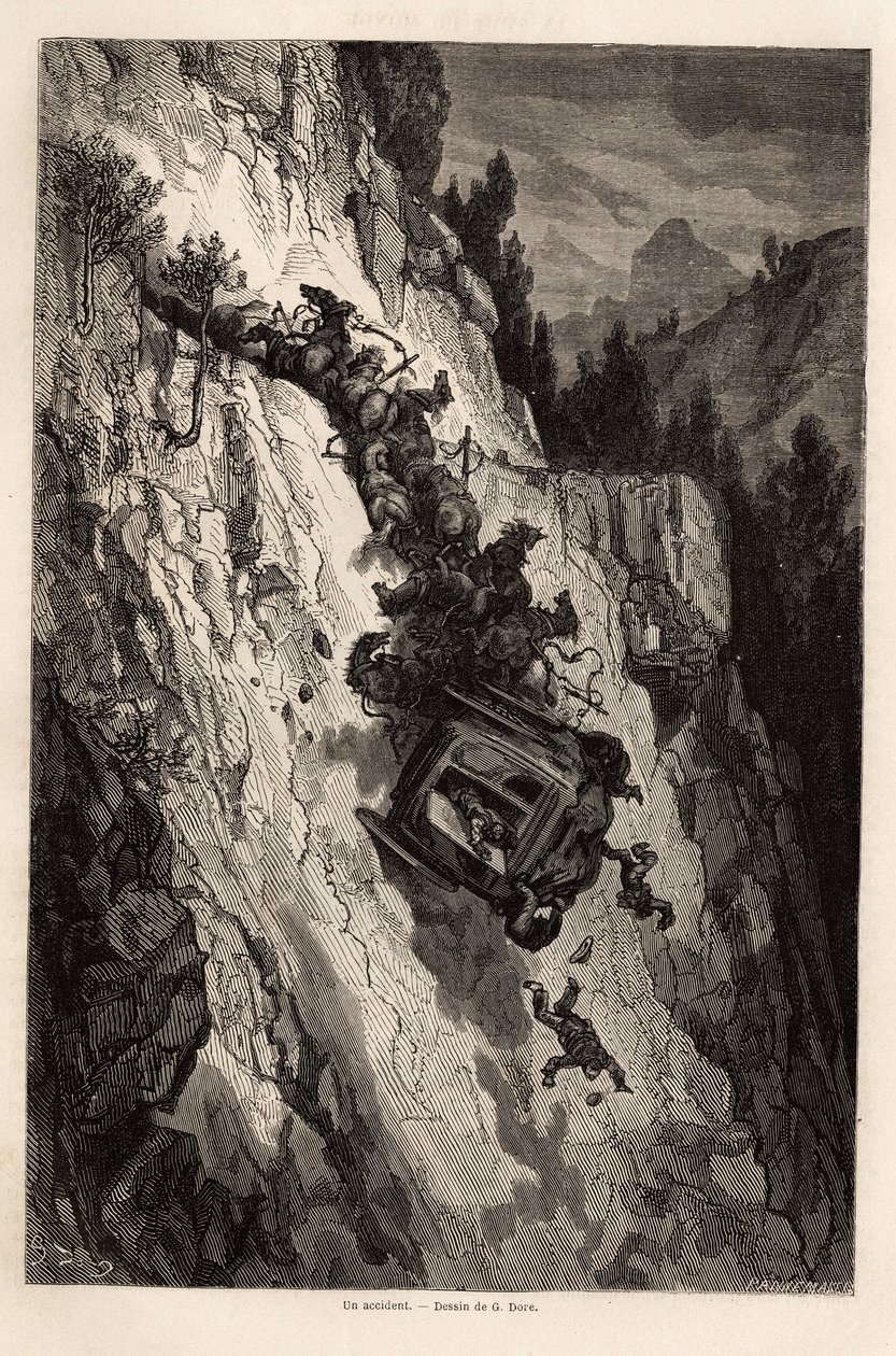 Ein Unfall der Diligence. Zeichnung von Gustave Doré zur Illustration seiner Reise nach Spanien mit C. Davillier 1862. Gravur in „Le tour du monde“, herausgegeben von Edouard Charton von Gustave Dore