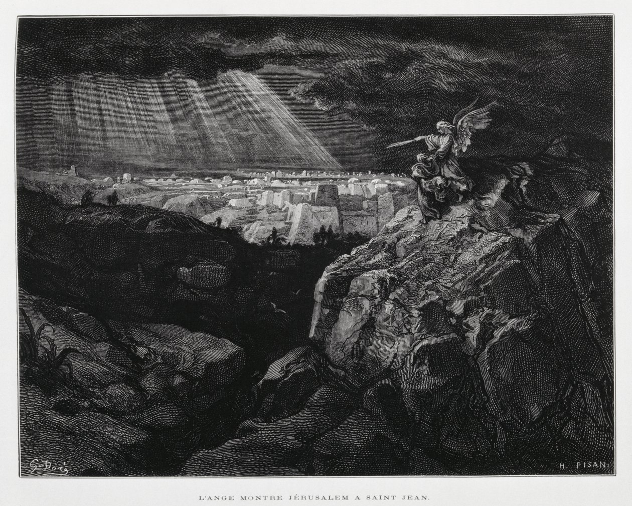 Ein Engel mit Johannes dem Täufer vor Jerusalem, Illustration aus der Dore-Bibel von Gustave Dore