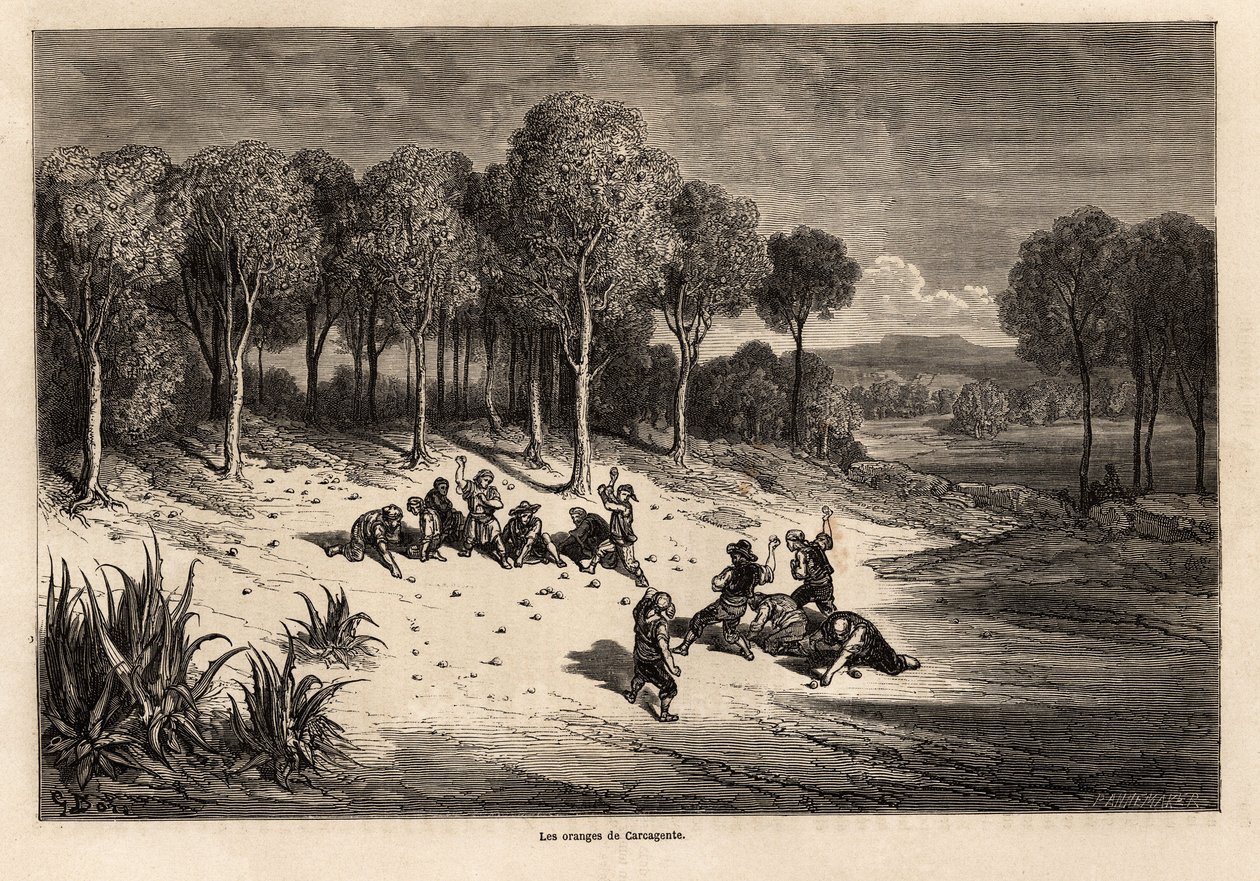 Orangenschlacht von Carcagente, Zeichnung von Gustave Doré (1832-1883), zur Illustration seiner Reise nach Spanien mit C. Davillier im Jahr 1862. Gravur in „Le tour du monde“, herausgegeben von Edouard Charton von Gustave Dore