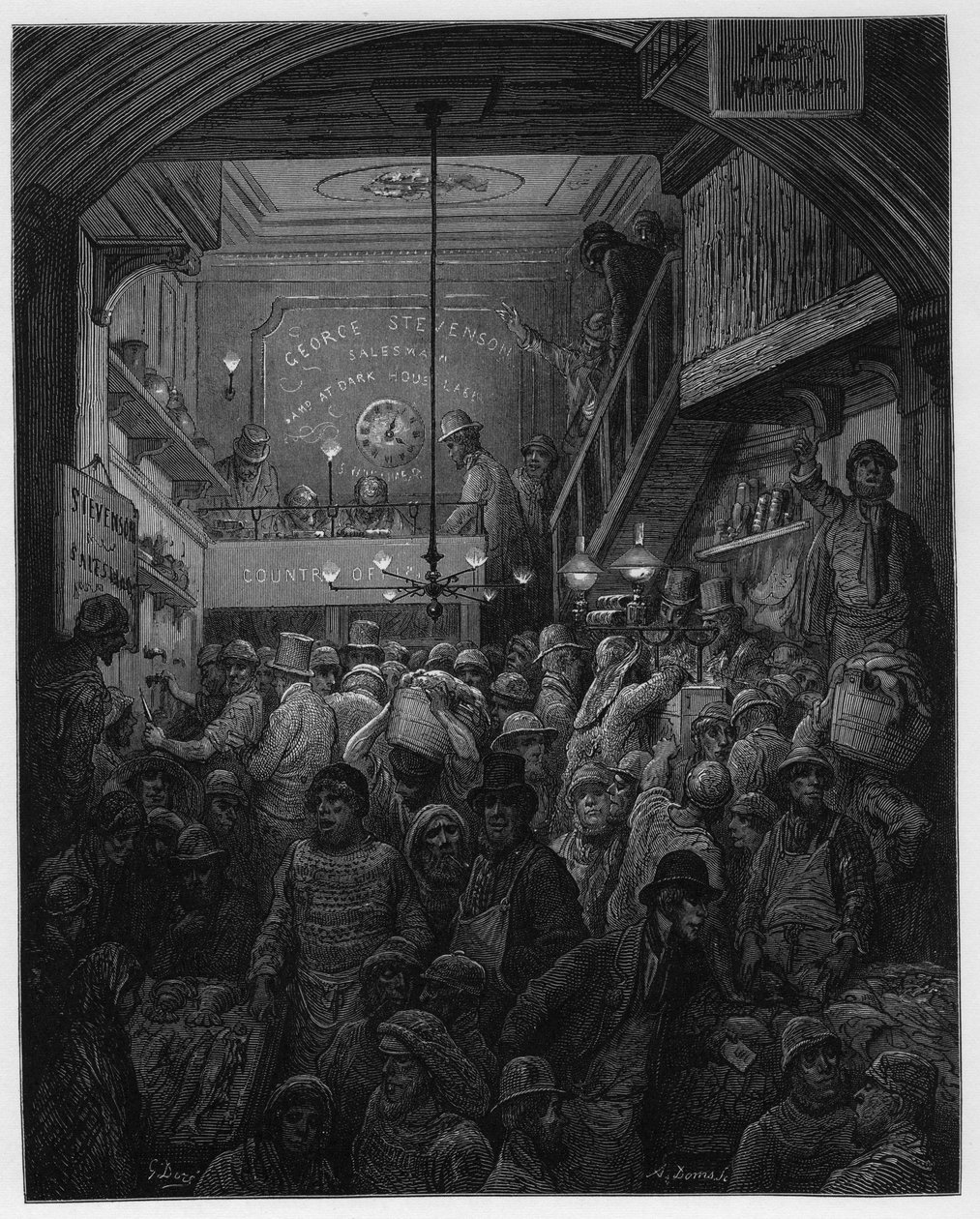 Billingsgate - Fischverkauf in der Criee. Illustration für London von Louis Enault, illustriert von Gustave Dore von Gustave Dore
