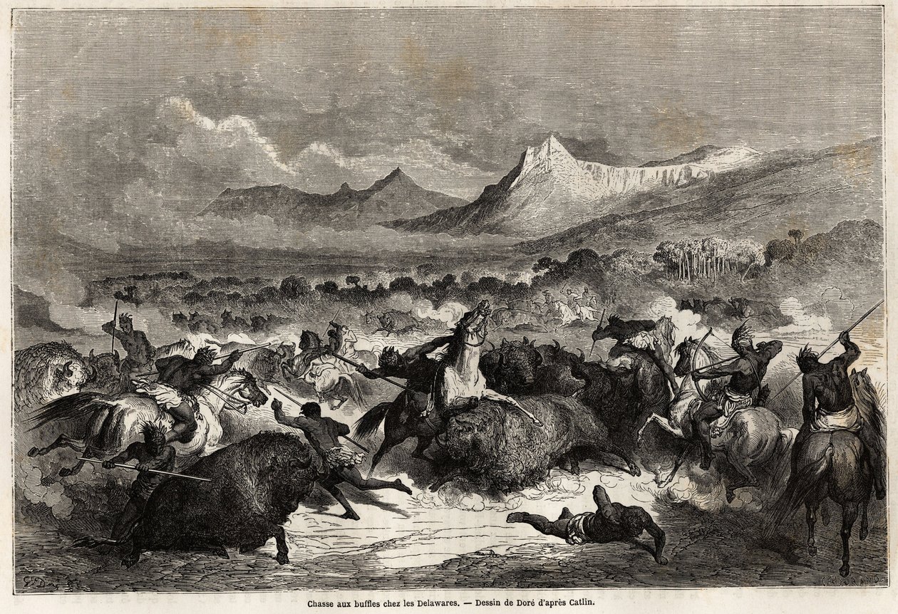 Büffeljagd unter den Delawaren, Ureinwohnern am gleichnamigen Fluss. Zeichnung von Gustave Doré zur Illustration der Reise von Baudouin Mollhausen von Mississippi zum Pazifik 1853-54. Gravur von Gustave Dore