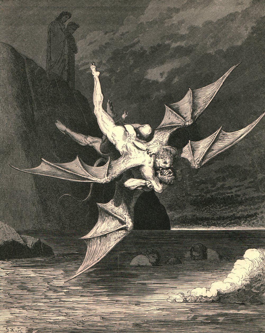 Aber der andere erwies sich als Habicht...und beide fielen in den kochenden See, um 1890 von Gustave Dore