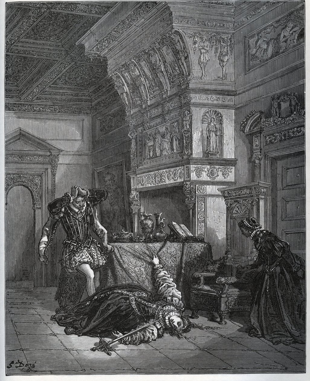 Camille täuscht Selbstmord vor Lothaire und Leonella - aus „Don Quijote de la Mancha“ von Miguel Cervantes (1547-1616) (Don Quijote) - Holzschnitt nach einer Zeichnung von Gustave Doré von Gustave Dore