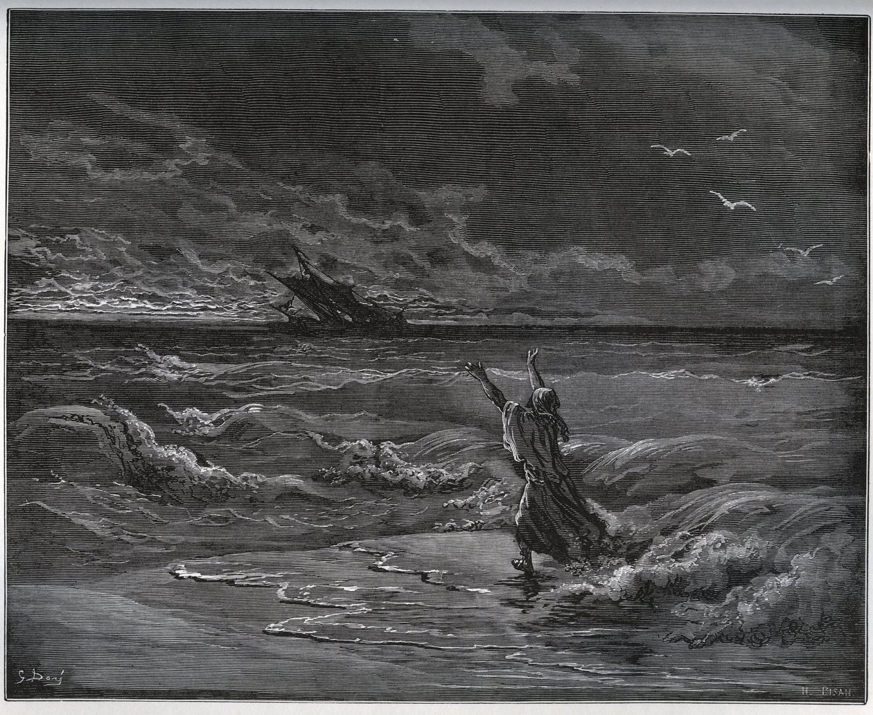 Gefangenen-Geschichte. Aagi-Morato, der Vater von Zoraide, ist am Ufer von „Don Quijote de la Mancha“ von Miguel Cervantes (1547-1616) (Don Quijote) - Holzschnitt nach einer Zeichnung von Gustave Doré von Gustave Dore