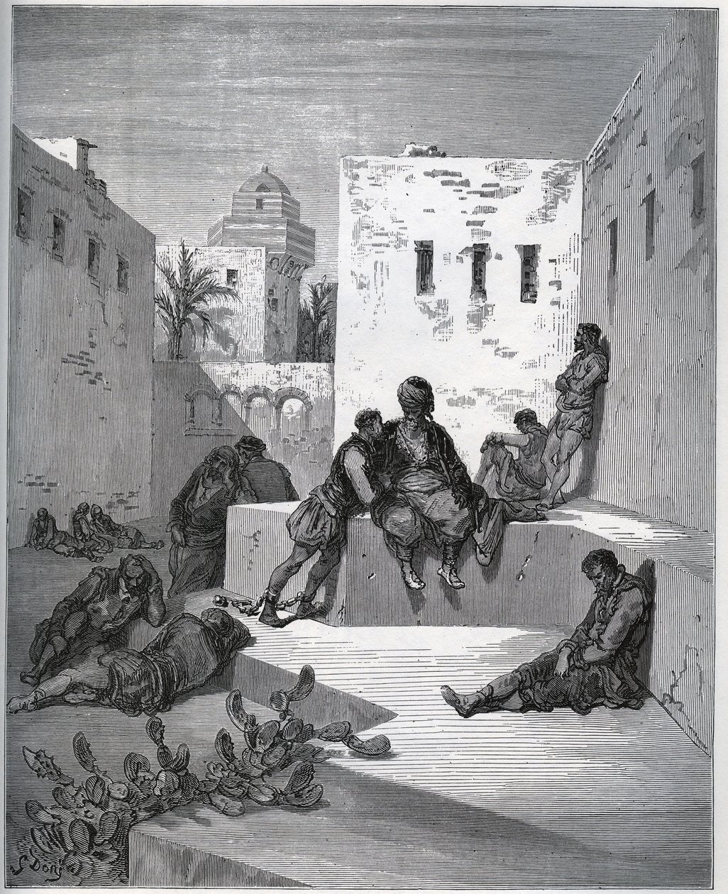 Gefangenengeschichte. Hof des Bagnes von Algier, wo der Gefangene einen Dienst von einem Renegaten erbittet - aus „Don Quijote de la Mancha“ von Miguel Cervantes - Holzschnitt nach einer Zeichnung von Gustave Doré von Gustave Dore