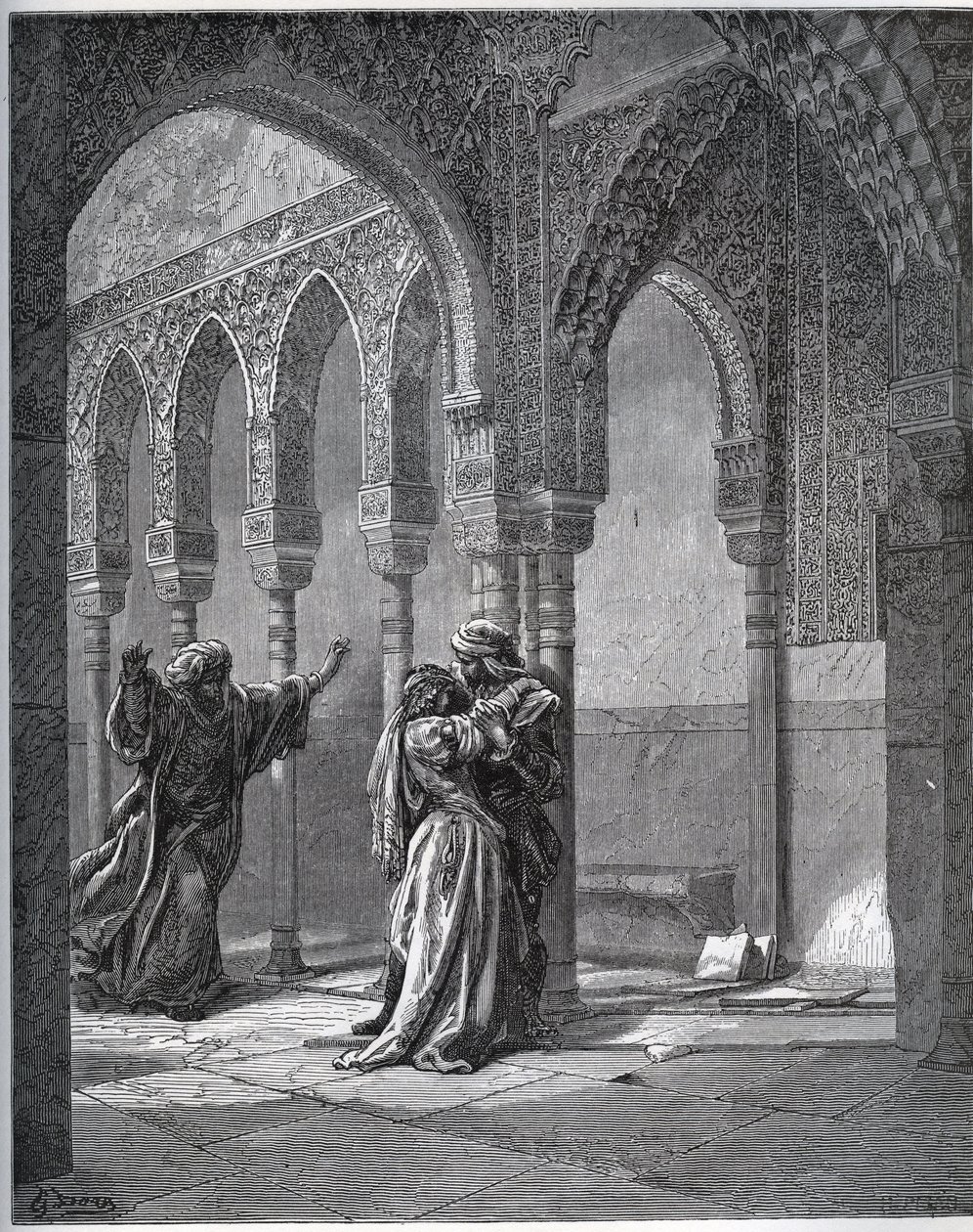 Gefangenen-Geschichte. Erstes Treffen des Gefangenen mit Zoraide im Garten ihres Vaters - aus „Don Quijote de la Mancha“ von Miguel Cervantes (1547-1616) - Holzschnitt nach einer Zeichnung von Gustave Doré von Gustave Dore