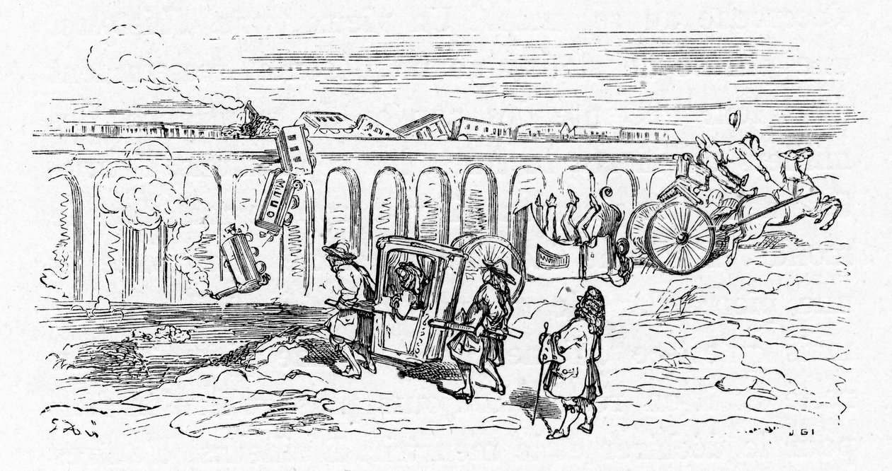 Karikatur des „modernen“ Transports von Gustave Doré um 1850: Zwei Züge stoßen zusammen und ein Personenzug entgleist und stürzt von einer Brücke; eine Kutsche wird in zwei Teile geteilt und kippt um, nachdem das Pferd, das sie zieht, durchgegangen ist; nu von Gustave Dore