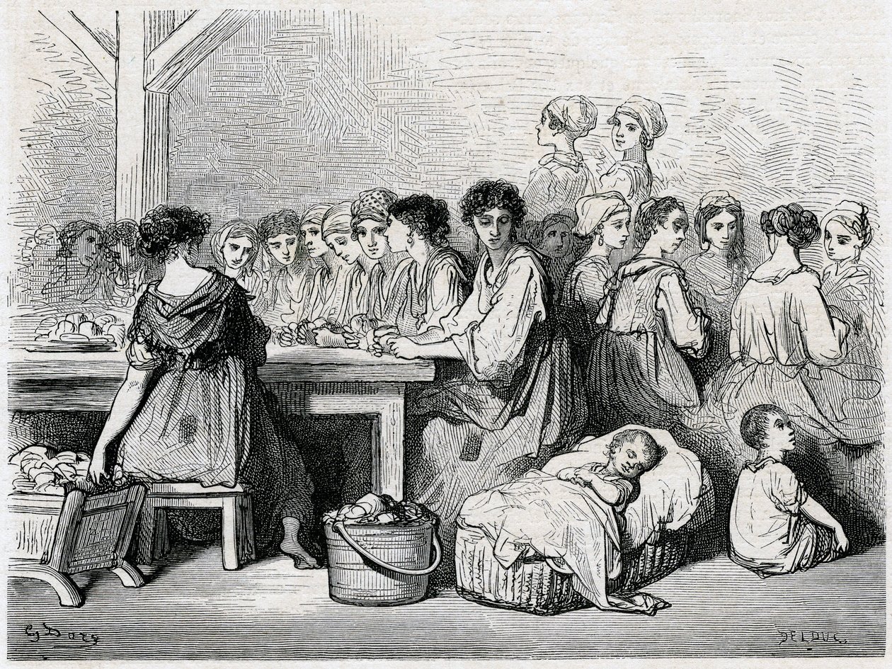 Zigarrenarbeiterinnen von Sevilla. Herstellung von Zigarren, Arbeiter, Tabak. Zeichnung von Gustave Doré zur Illustration des „Voyage en Espagne“ von Charles Davillier von Gustave Dore