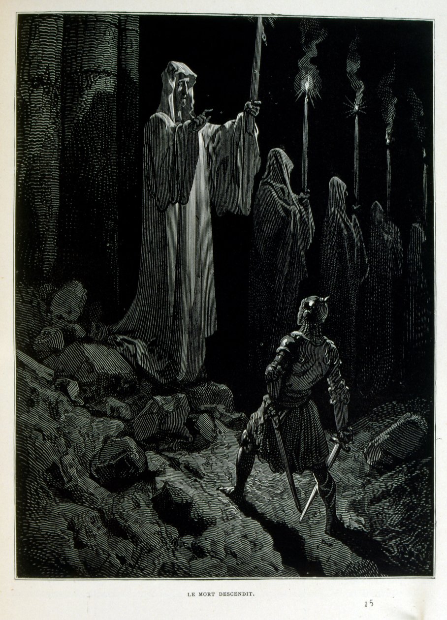 Croque-Mitaine; Illustration von 1863, von Gustave Doré (1832–1883); französischer Künstler, Druckgrafiker, Illustrator. Croque-Mitaine (Der Bögemann) ein bösartiger Charakter, der Kindern vorgestellt wird, um sie zu erschrecken und sie so weiser zu machen von Gustave Dore