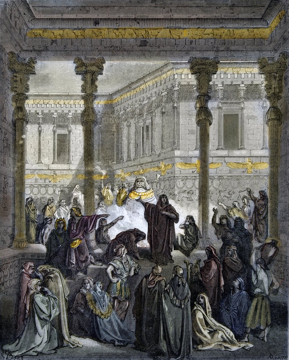 Daniel entlarvt die Priester von Baal - Daniel entlarvt die Priester von Bel - Gravur in „Die illustrierte Bibel“ von Gustave Doré (1832-1883) - Gravur aus „Die Doré-Bibel“. von Gustave Dore