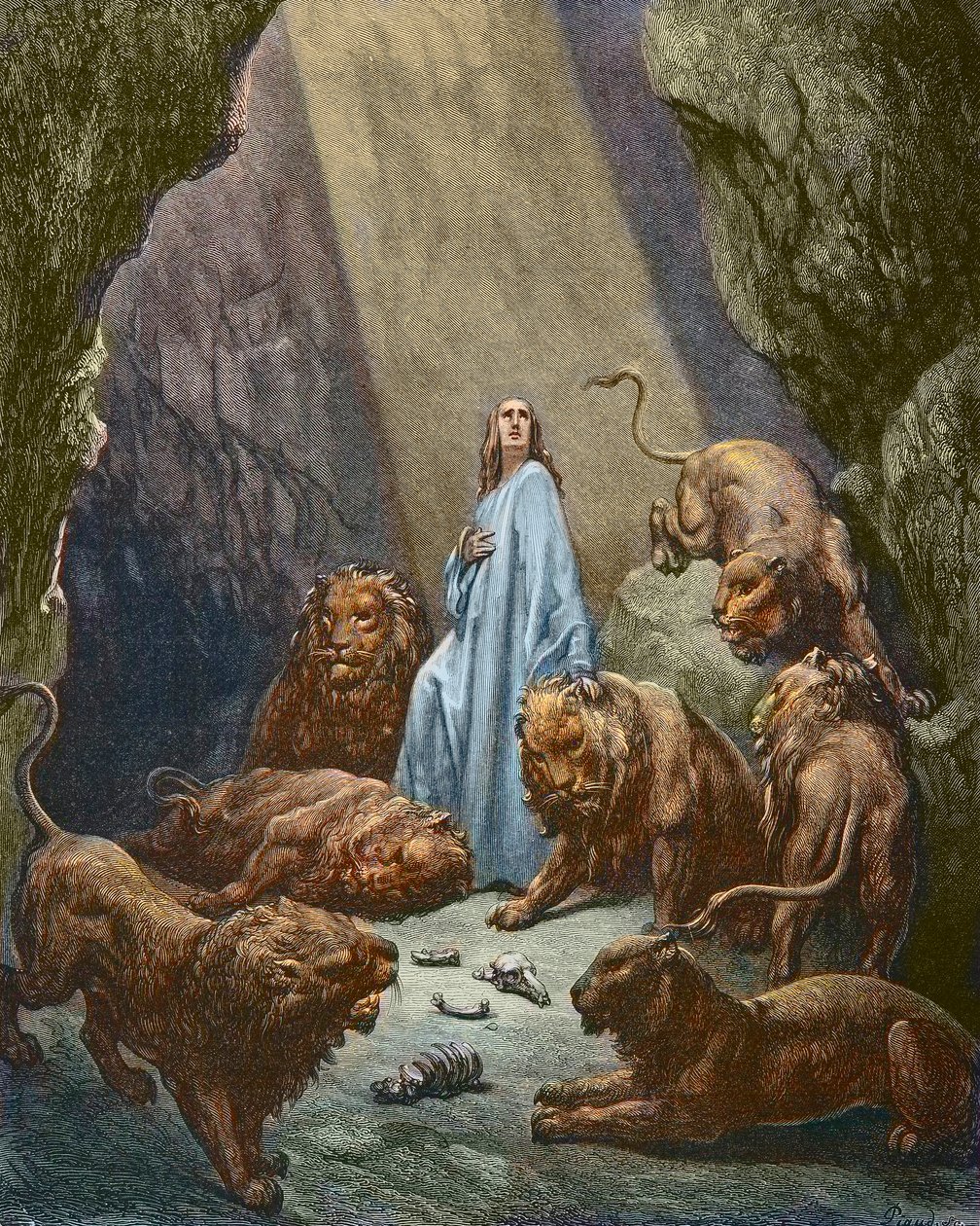 Daniel in der Löwengrube - Holzstich von Gustave Doré - spätere Kolorierung. von Gustave Dore
