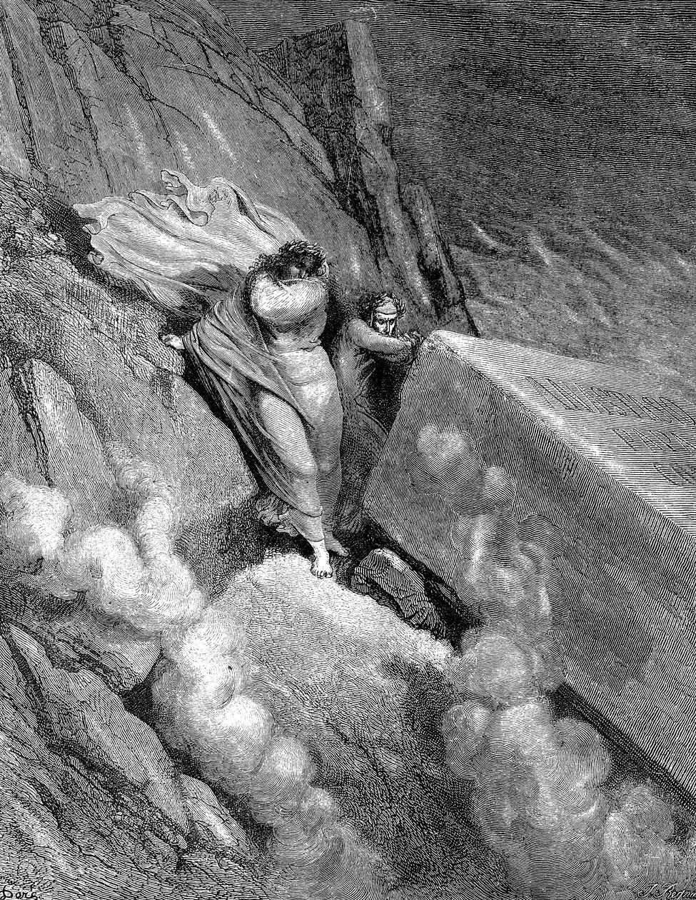 Dante und Virgil am Rand des Abgrunds, aus dem ein übler Geruch aufstieg, 1863 von Gustave Dore