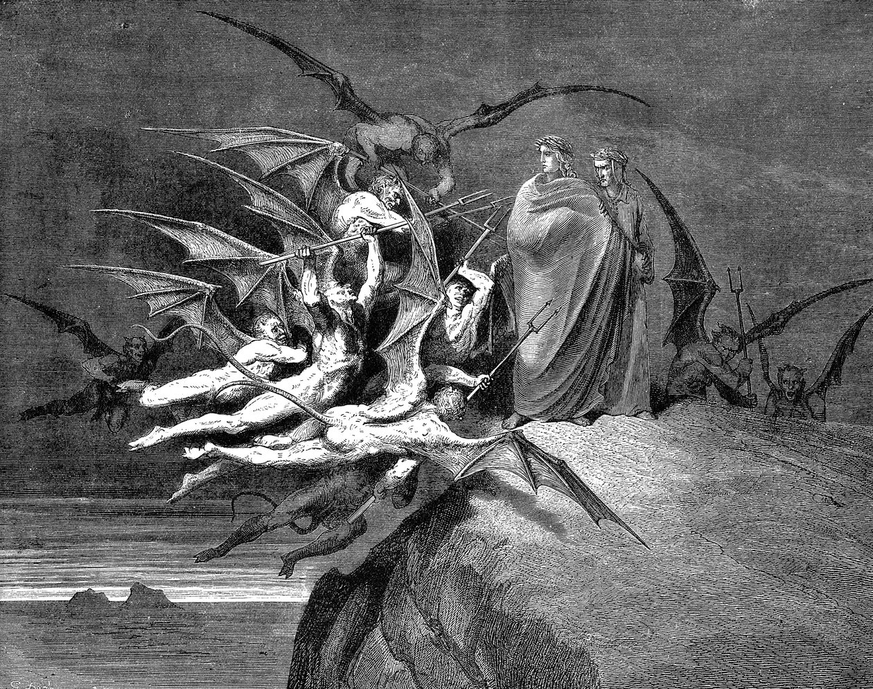 Dante und Virgil von Dämonen bedrängt auf ihrem Weg durch den achten Kreis von Gustave Dore