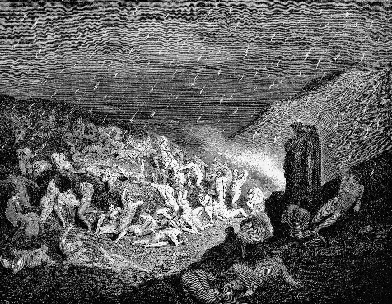 Dante und Virgil blicken auf die Seelen in Qualen in der Hölle von Gustave Dore