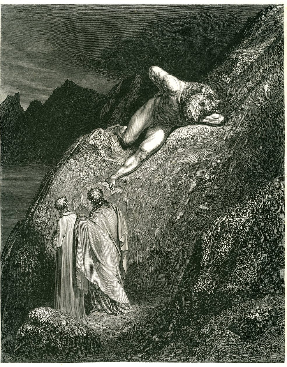Dante und Virgil treffen den Minotaurus. Gravur aus Die Hölle von Dante Alighieri (Die Göttliche Komödie) illustriert von Gustave Doré. Französische Ausgabe von 1861. „E in su la punta della rotta lacca/L
