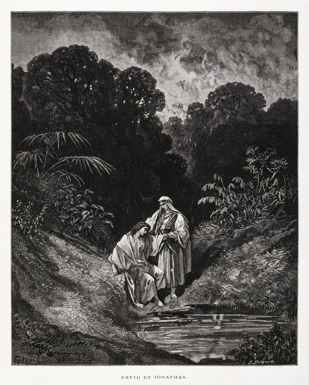 David und Jonathan, heroische Figuren des Königreichs Israel, die einen Freundschaftsbund schlossen, aufgezeichnet in den Büchern Samuel, Illustration aus der Dore-Bibel von Gustave Dore