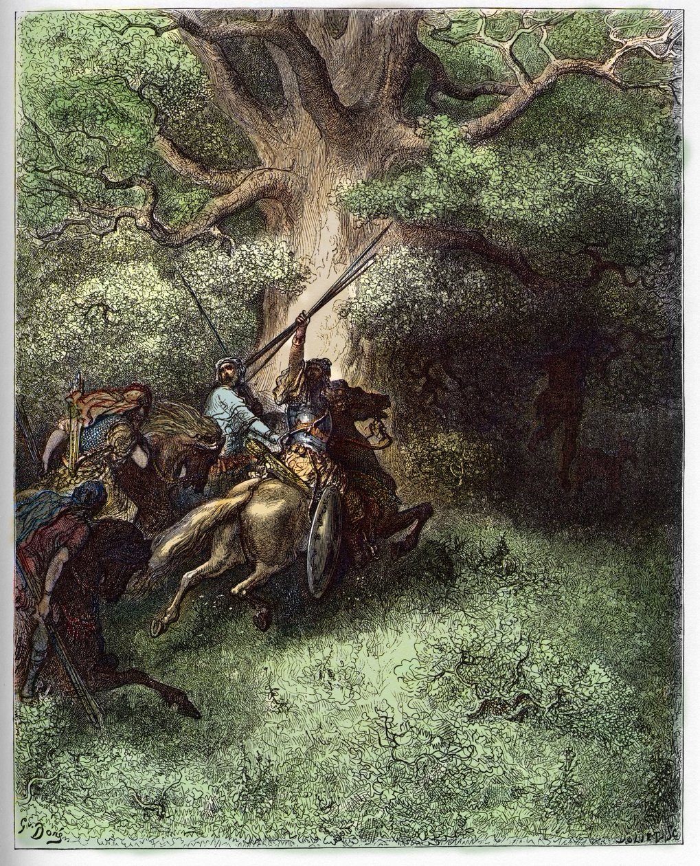 Tod von Absalom - Nach der Niederlage gegen die Truppen seines Vaters blieb Absalom an den Ästen eines Baumes hängen, als er vom Schlachtfeld floh - Gravur in „Die illustrierte Bibel“ von Gustave Doré (1832-1883) von Gustave Dore