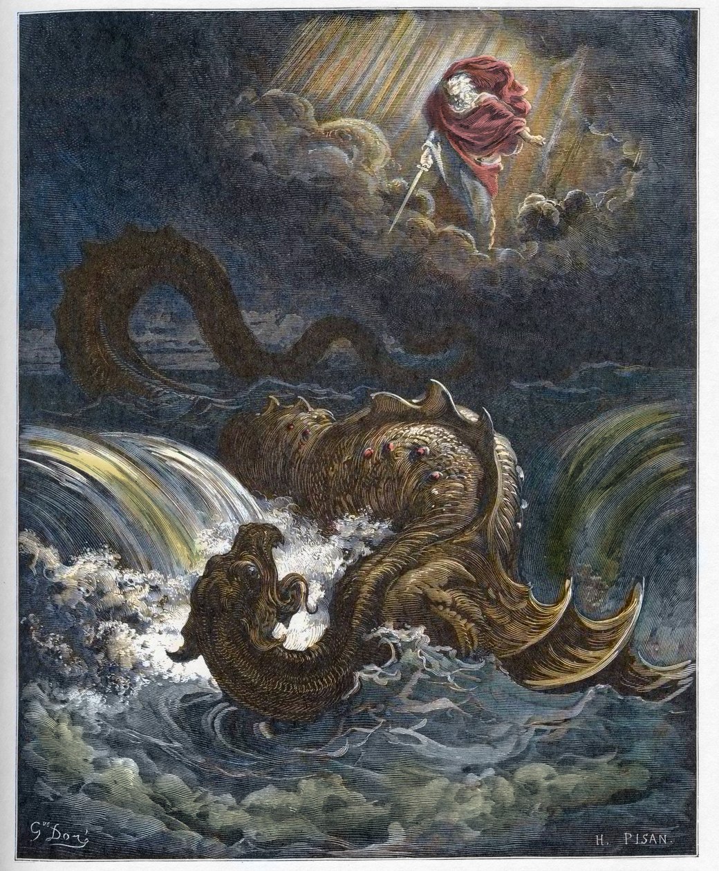 Zerstörung des Leviathan - Die Zerstörung des Leviathan, des Meeresmonsters des Alten Testaments - Gravur in „Die illustrierte Bibel“ von Gustave Doré (1832-1883) - Gravur aus „Die Doré-Bibel“ von Gustave Dore