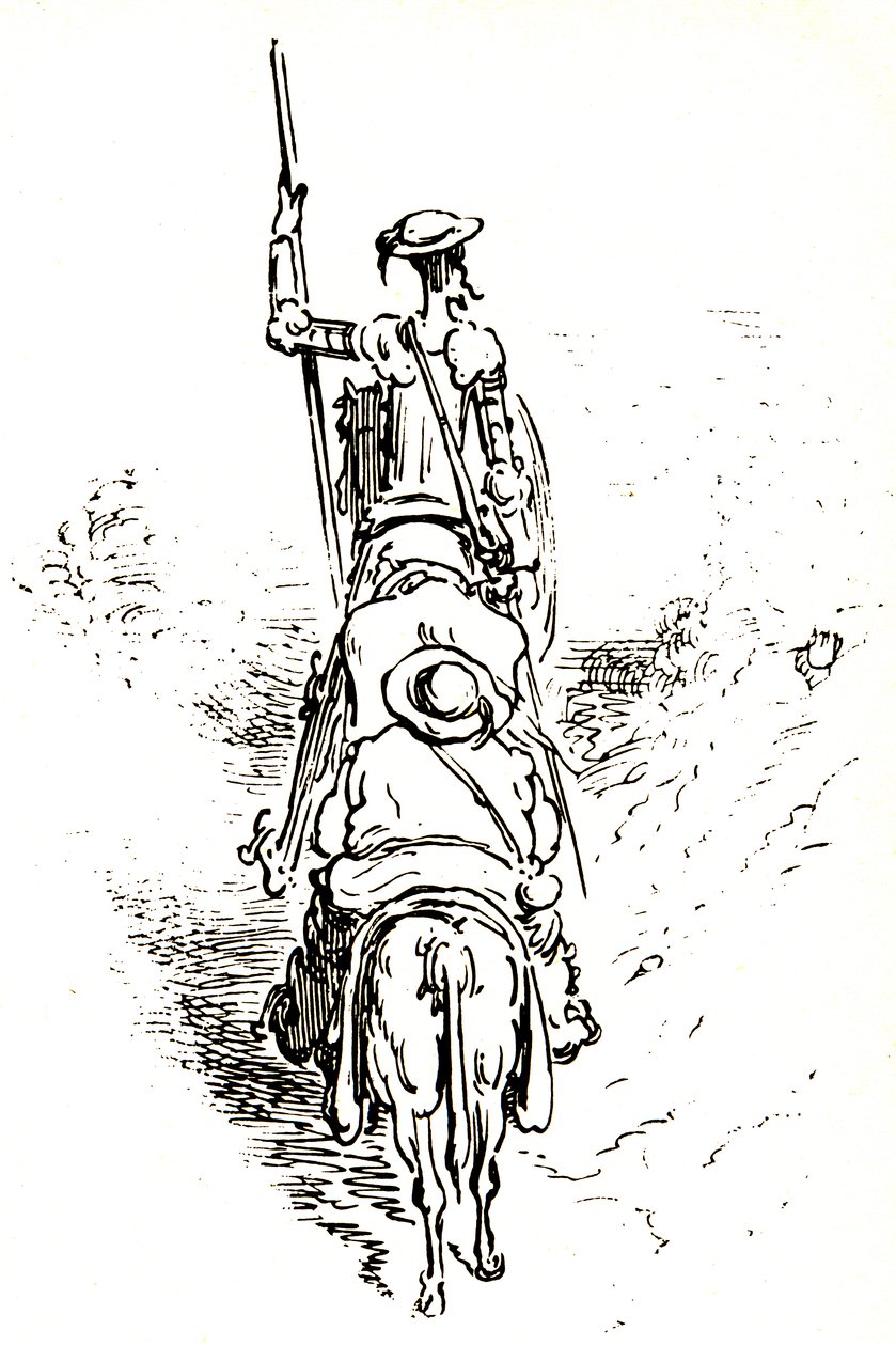Don Quichotte auf seinem Pferd, gefolgt von Sancho auf seinem Esel von Gustave Dore
