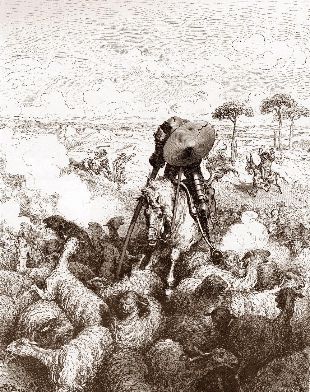 Don Quijote greift die Schafherde an. Gravur von Gustave Doré für „Der sinnreiche Junker Don Quijote von der Mancha“ von Miguel de Cervantes, 1863 von Gustave Dore