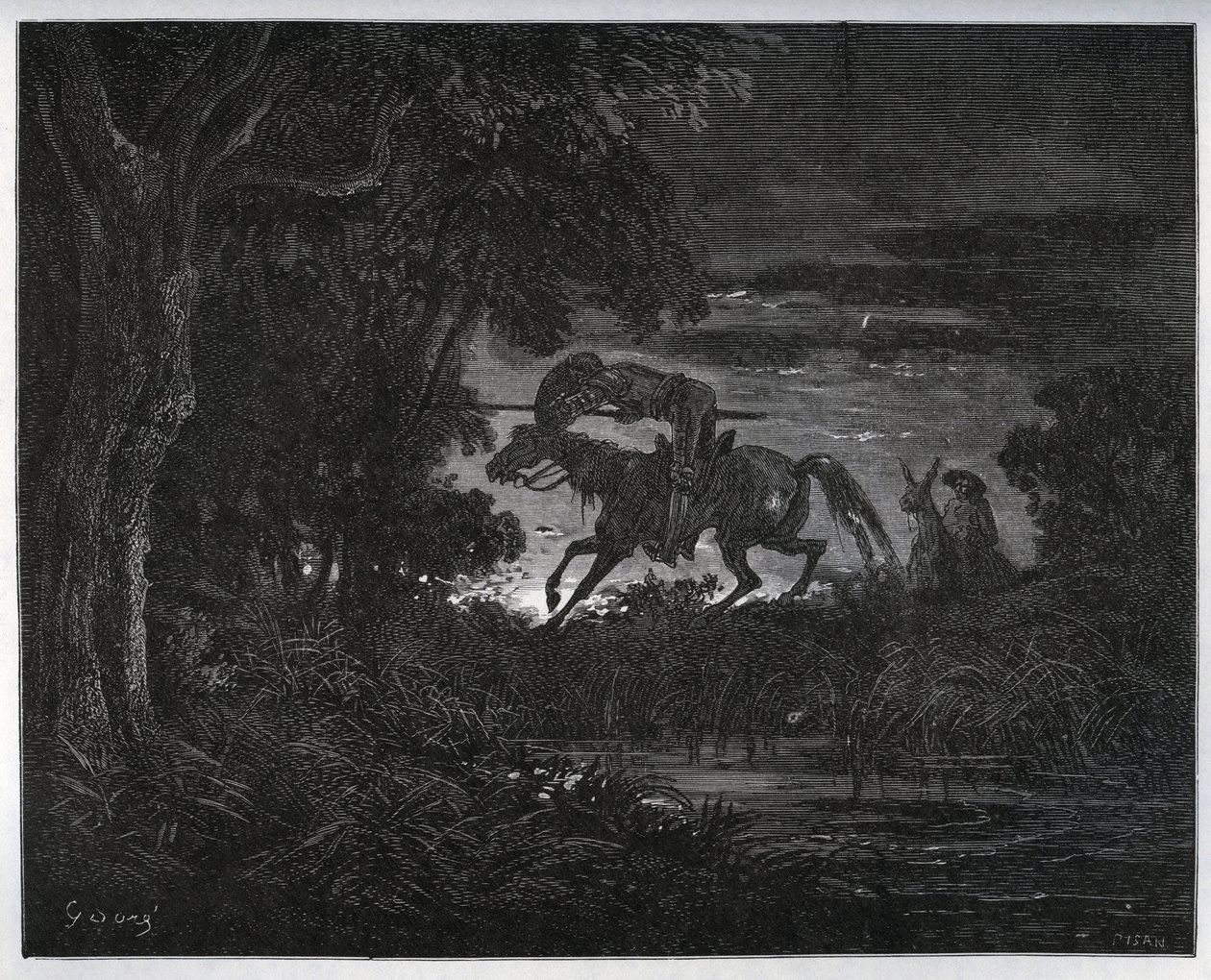 Don Quijote und Sancho Panza zu Beginn des Abenteuers in einem dichten und unbekannten Wald - aus „Don Quijote von der Mancha“ von Miguel Cervantes (1547-1616) - Holzschnitt nach einer Zeichnung von Gustave Doré von Gustave Dore