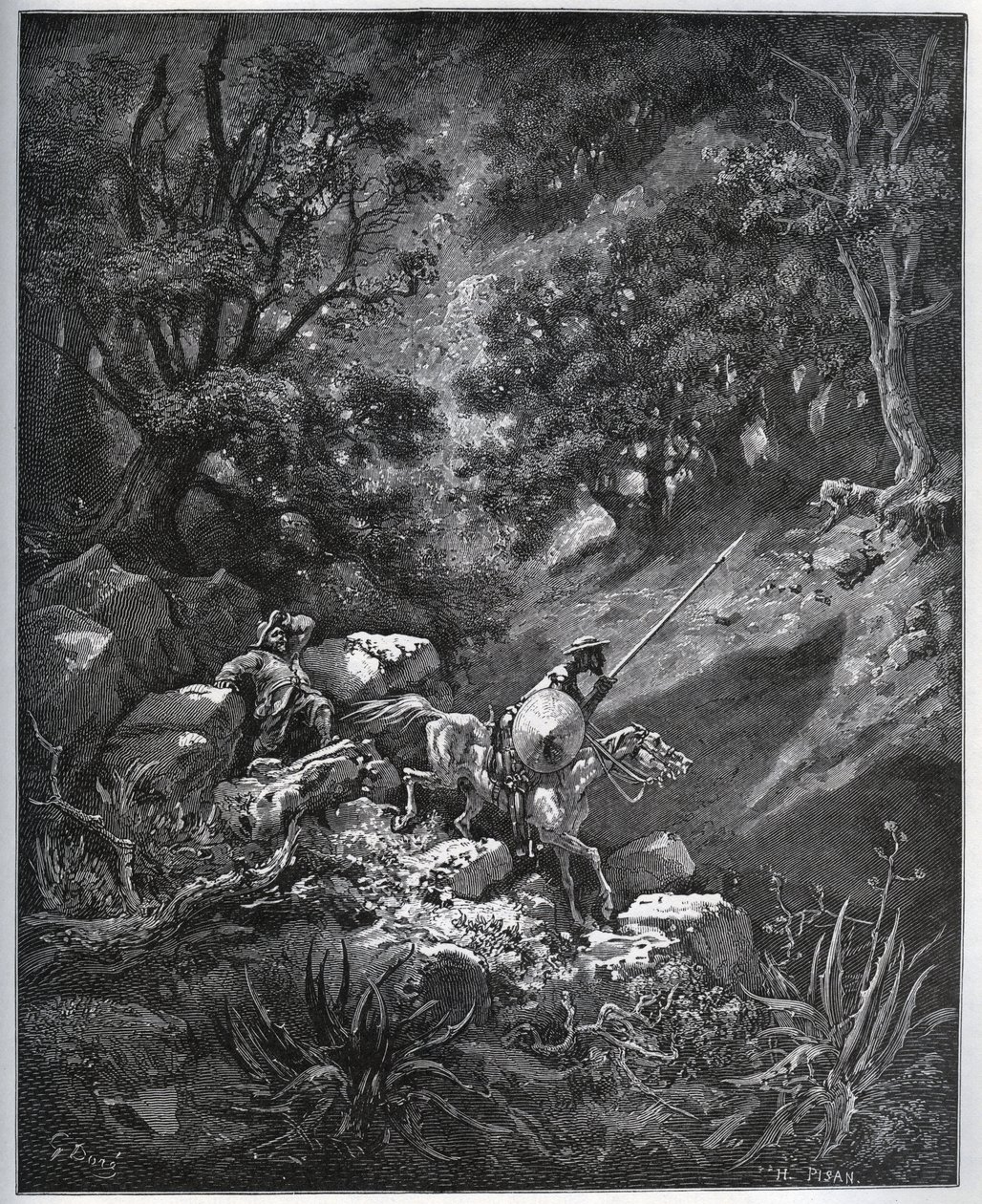 Don Quijote und Sancho Panza setzen ihre Reise in der Sierra Morena auf der Suche nach der Deguenille-de-la-Malaise-Mine fort - aus „Don Quijote von der Mancha“ von Miguel Cervantes (1547-1616) - Holzschnitt nach einer Zeichnung von Gustave Doré von Gustave Dore