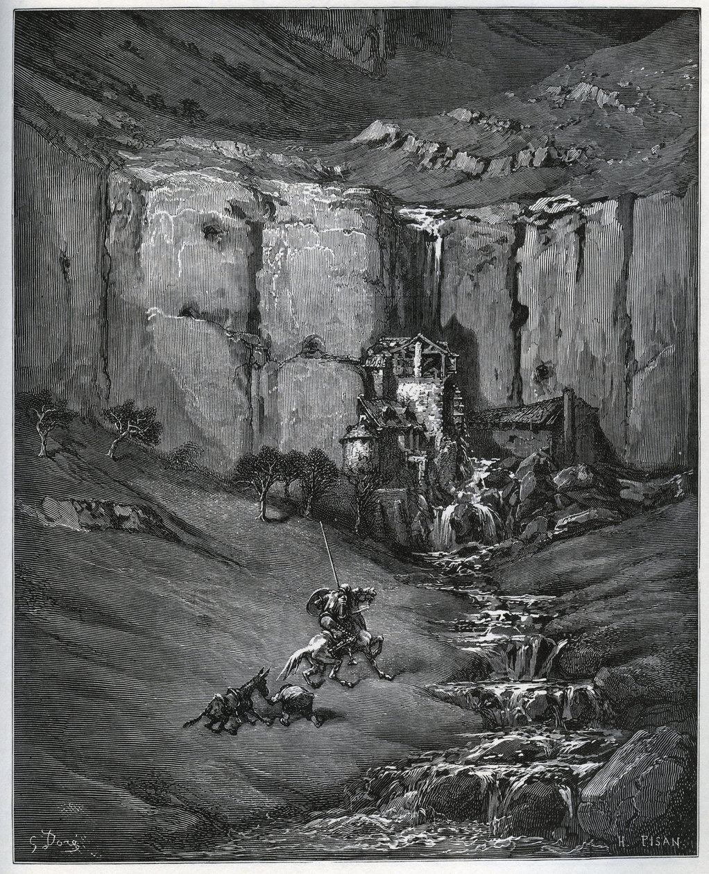 Don Quixote und Sancho Panza entdecken, was ihre Besorgnis verursachte, einen Wasserfall und eine Mühle - aus „Don Quixote de la Mancha“ von Miguel Cervantes (1547-1616) - Holzschnitt nach einer Zeichnung von Gustave Dore von Gustave Dore