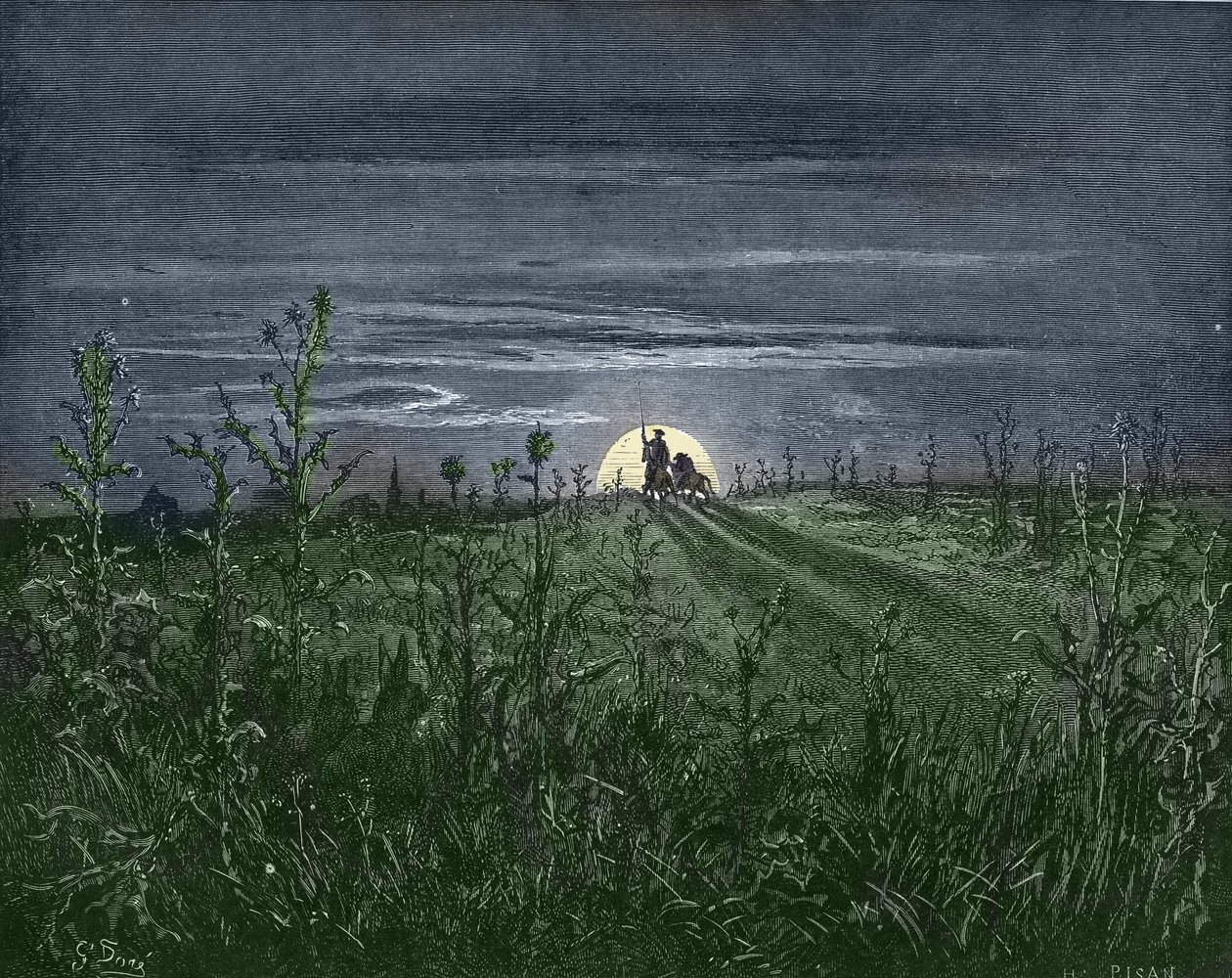 Don Quijote und Sancho auf dem Weg nach Toboso - aus „Don Quijote de la Mancha“ von Miguel Cervantes (1547-1616) - Holzschnitt nach einer Zeichnung von Gustave Doré (1832-1883) von Gustave Dore