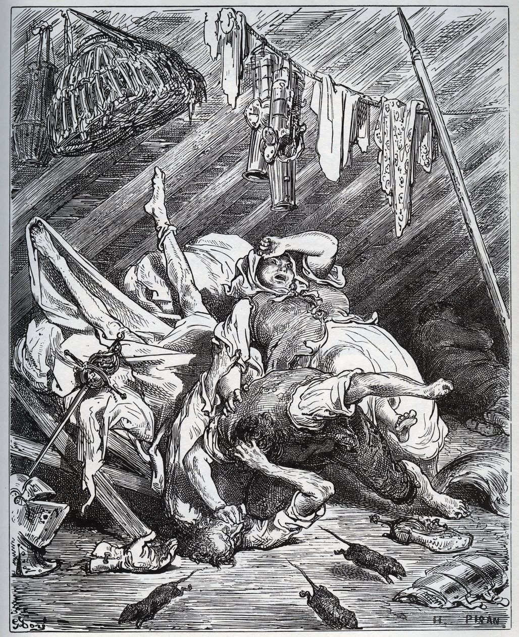 Don Quixote und ein Maultiermacher kämpfen um Maritornes, die Haushälterin, die Don Quixote für seine Dulcinea hält - aus „Don Quixote de la Mancha“ von Miguel Cervantes (1547-1616) - Holzschnitt nach einer Zeichnung von Gustave Doré von Gustave Dore