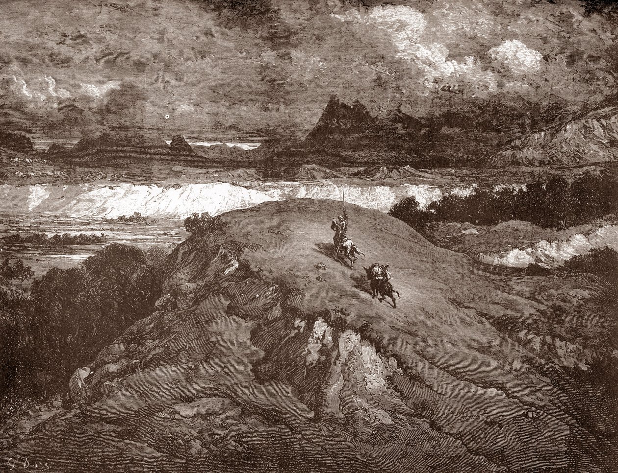 Don Quijote und Sancho Panza nähern sich der Sierra Morena. Gravur von Gustave Doré für „Der sinnreiche Junker Don Quijote von der Mancha“ von Miguel de Cervantes, 1863 von Gustave Dore