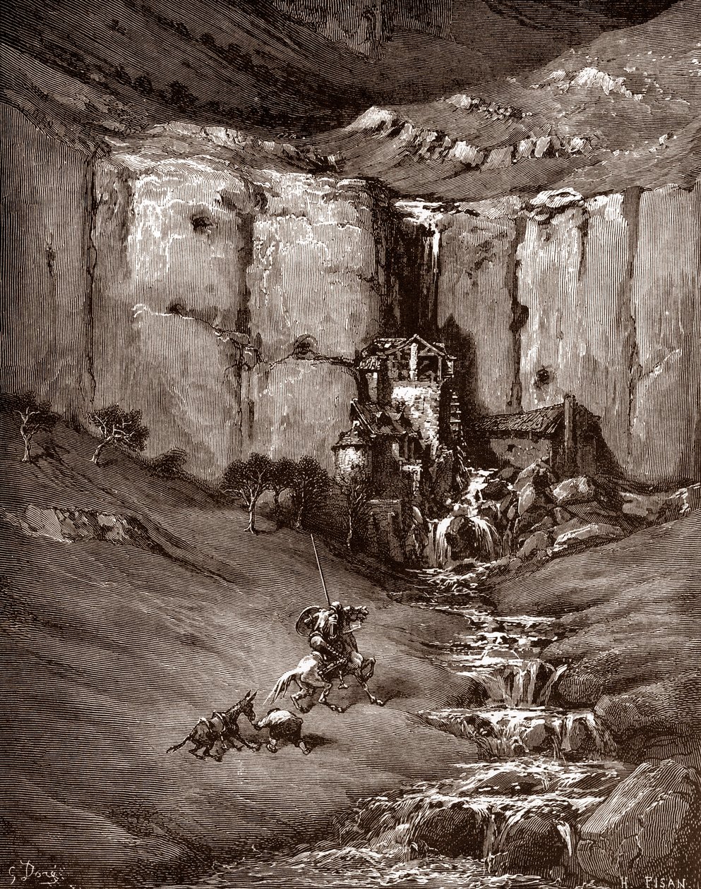 Don Quijote und Sancho Panza sehen einen Wasserfall und lärmende Hütten (Gravur von Gustave Doré für „Der sinnreiche Junker Don Quijote von der Mancha“ von Miguel de Cervantes) von Gustave Dore