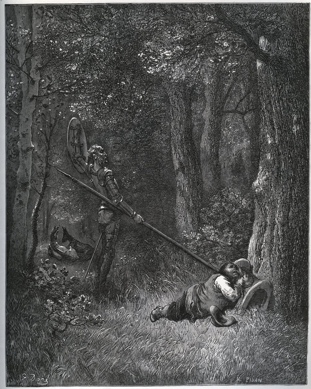 Don Quijote weckt Sancho Panza - aus "Don Quijote von der Mancha" von Miguel Cervantes von Gustave Dore