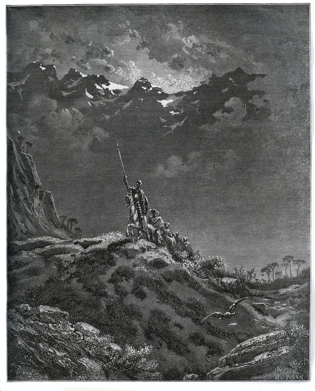 Don Quixote geht auf Mission für Dorothee, begleitet von Sancho Panza, Barbier, Dorothee, Pfarrer und Cardenio - aus „Don Quixote de la Mancha“ von Miguel Cervantes (1547-1616) - Holzschnitt nach einer Zeichnung von Gustave Dore von Gustave Dore