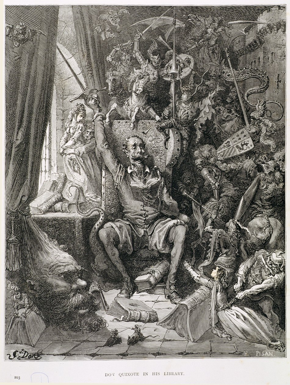 Don Quixote in seiner Bibliothek, graviert von Heliodore Joseph Pisan (1822-90) ca. 1868 von Gustave Dore