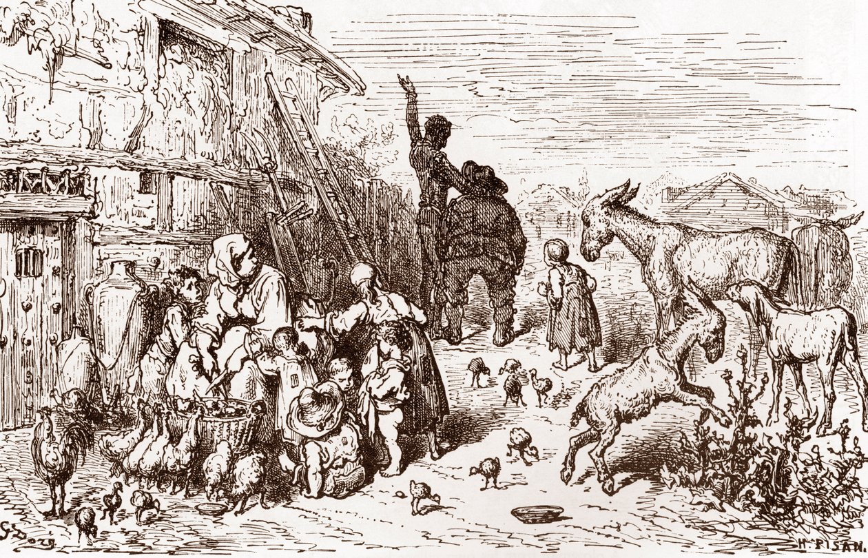 Don Quijote überredet seinen Nachbarn Sancho Panza, sein Knappe zu werden, Gravur von Gustave Doré für 