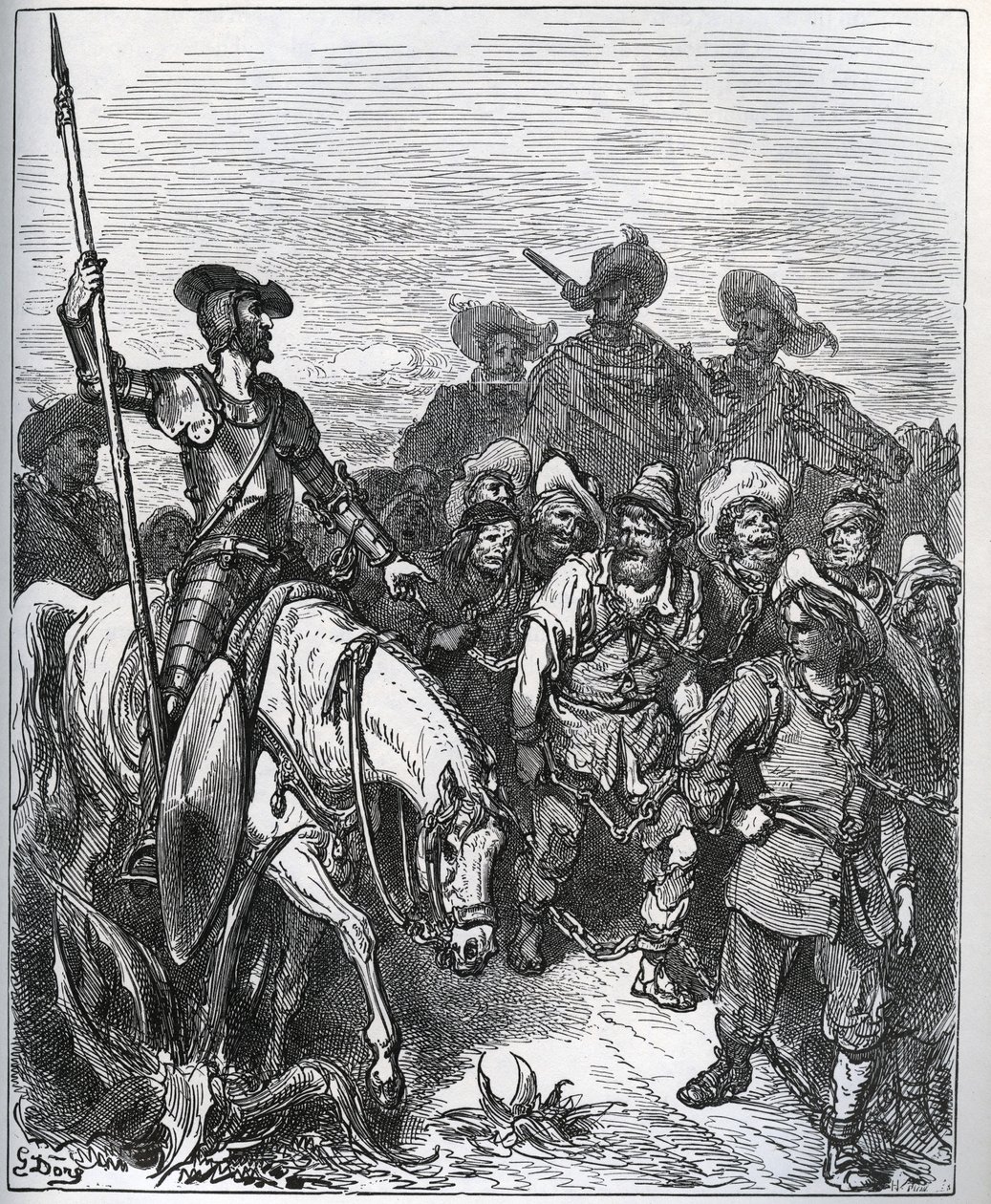 Don Quijote befragt die Kräfte nach den Gründen für ihre Überzeugungen - aus „Don Quijote de la Mancha“ von Miguel Cervantes (1547-1616) (Don Quijote) - Holzschnitt nach einer Zeichnung von Gustave Doré von Gustave Dore