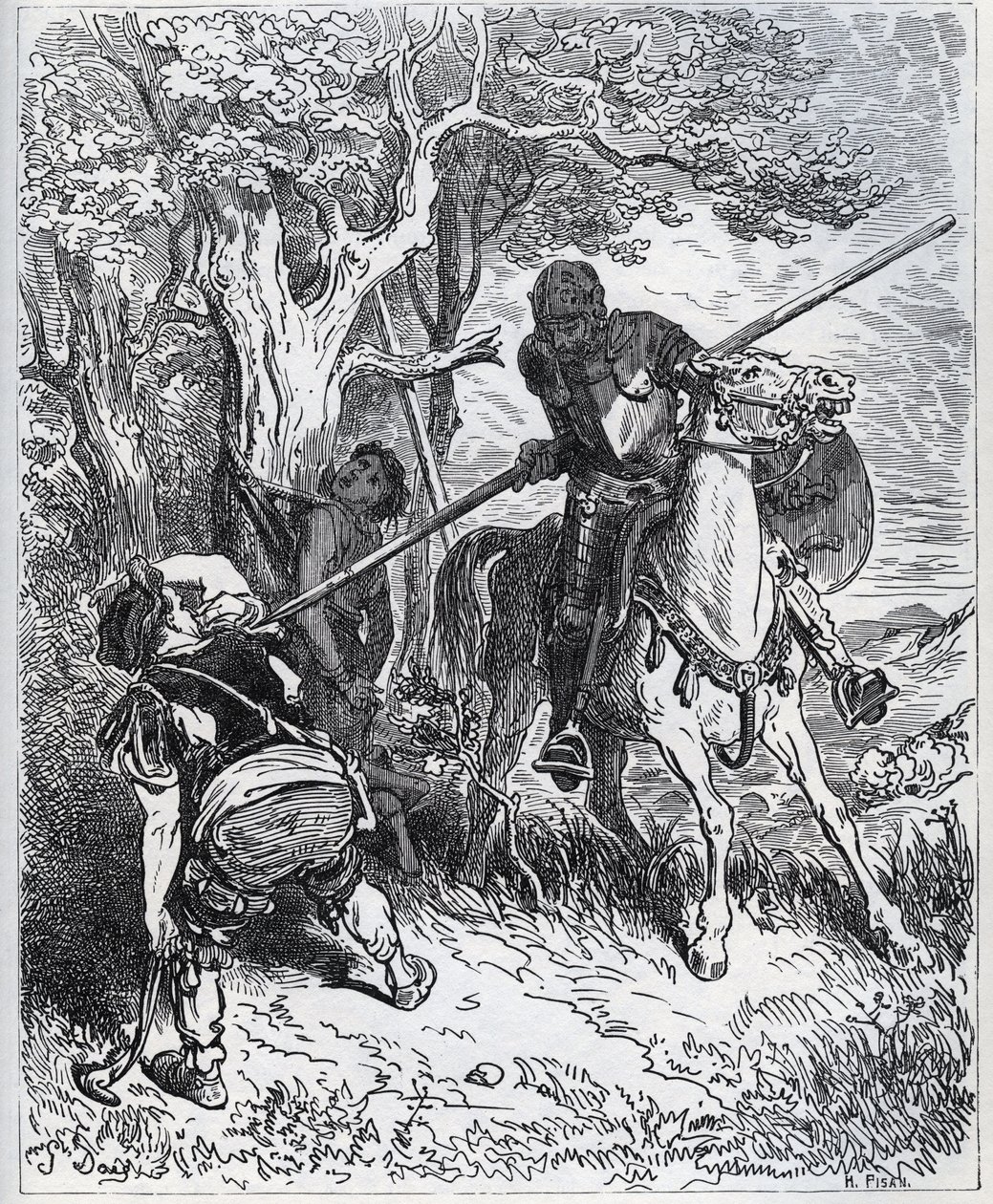 Don Quijote ergreift Partei für den jungen Diener - „Bei der Sonne, die uns erleuchtet, ich weiß nicht, wer mich davon abhält, meine Klinge durch den Körper zu stechen“ - aus „Don Quijote de la Mancha“ von Miguel Cervantes (1547-1616) (Don Quijote) - Holzs von Gustave Dore