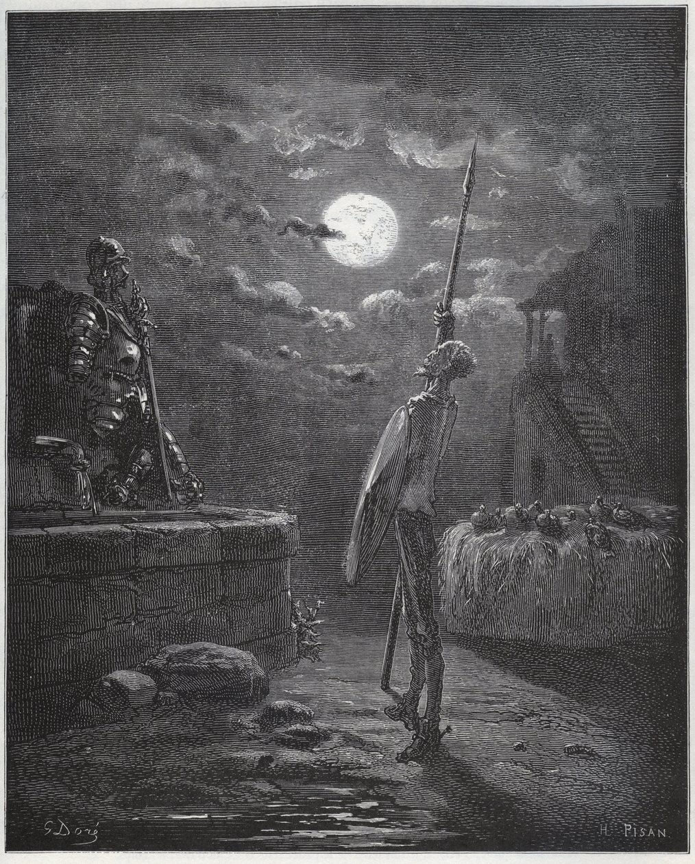 Don Quixote wacht über seine Waffen - aus „Don Quixote de la Mancha“ von Miguel Cervantes von Gustave Dore