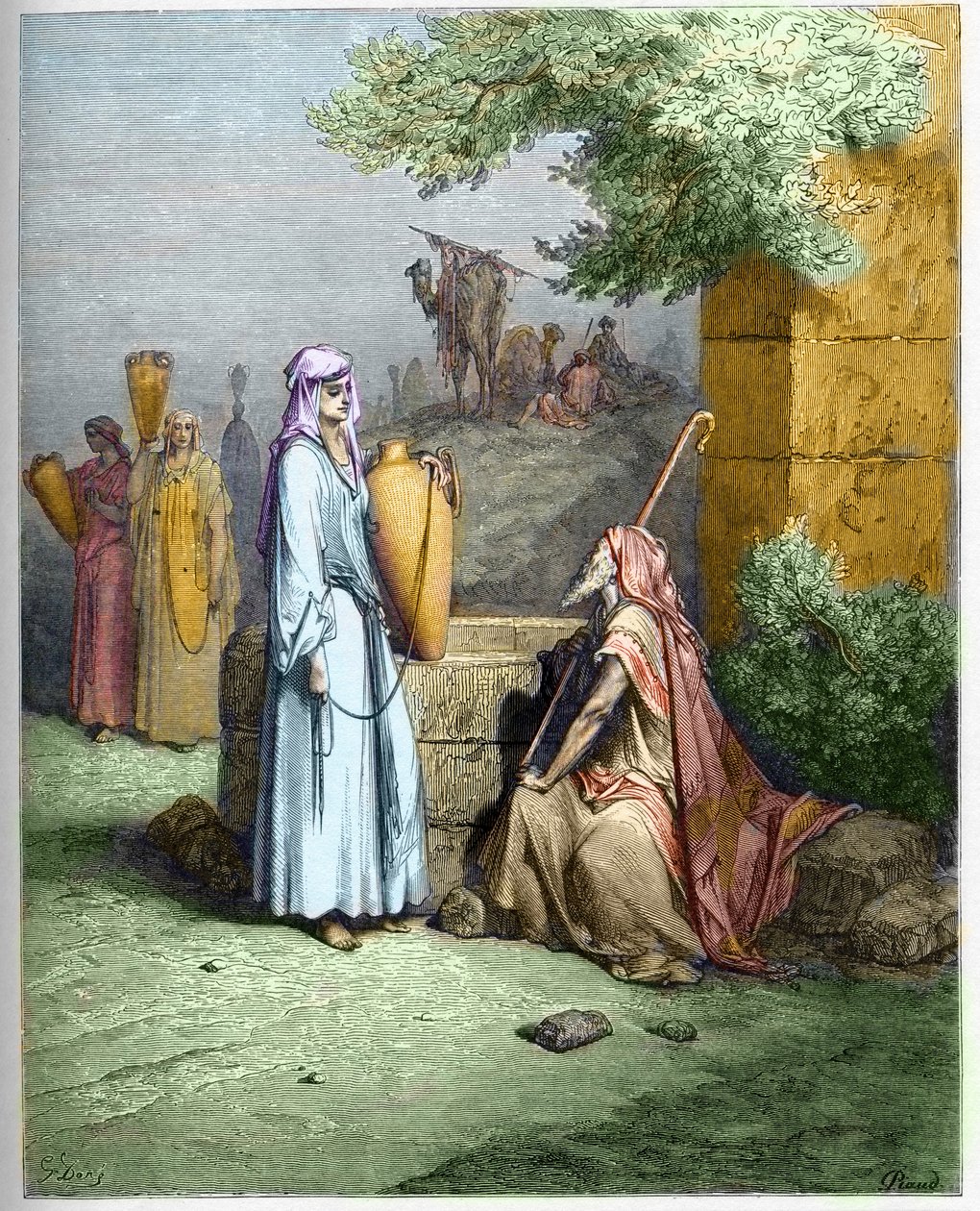 Eliezer und Rebekka - Eliezer, der Diener Abrahams, wird von Rebekka mit Wasser versorgt - Eliezer und Rebekka - Gravur in „Die illustrierte Bibel“ von Gustave Doré (1832-1883) - Gravur aus „Die Doré-Bibel“ von Gustave Dore