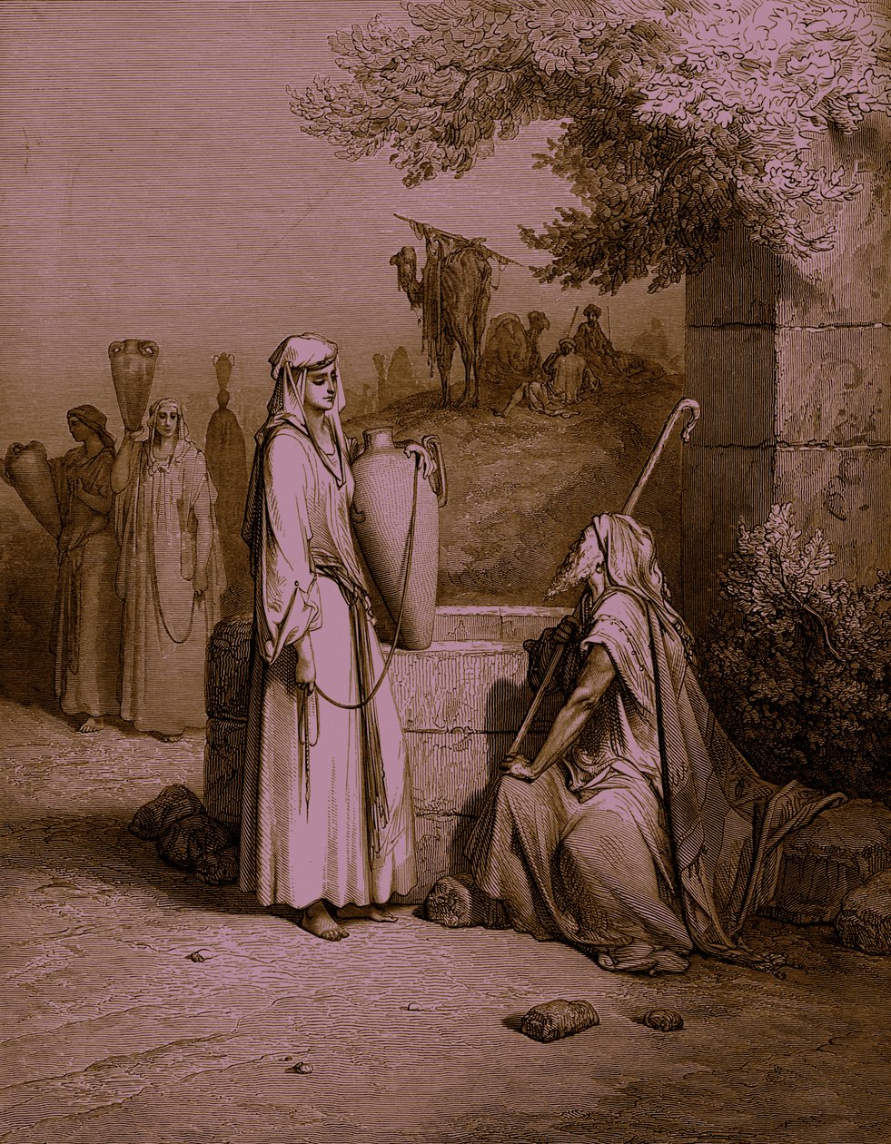 Eliezer und Rebekka, Gravur von Doré - Bibel von Gustave Dore