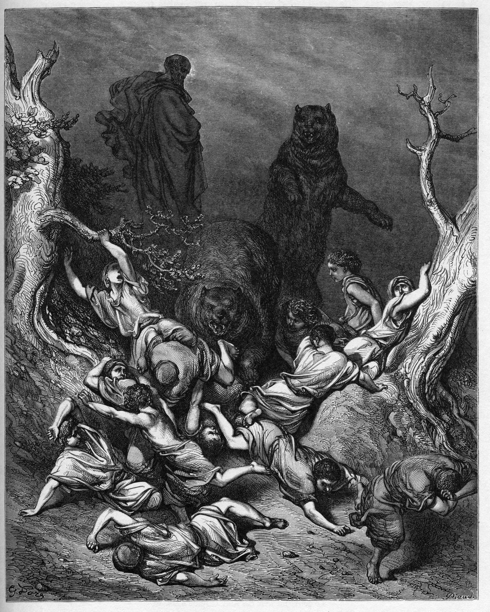 Elisa verflucht die Jugendlichen von Bethel - Die Kinder von Bethel werden von Bären zerstört - Elia verflucht die Jugendlichen von Bethel - Gravur in „The Bible illustree“ von Gustave Dore (1832-1883) - Gravur aus „The Dore Bible“ von Gustave Dore